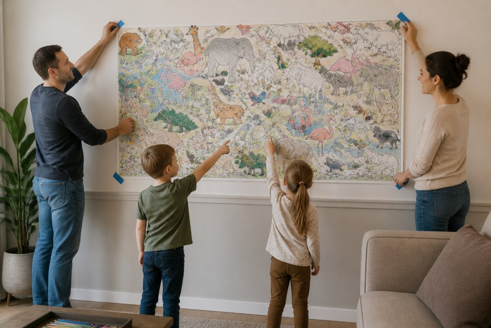 A family in a bright living room hanging a completed giant coloring sheet on the wall with painter's tape, children pointing at their artwork with proud smiles