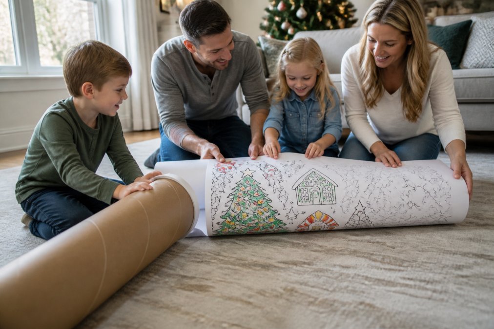 A family with two young children sitting on a living room floor unboxing a large cylindrical tube, pulling out a giant rolled coloring sheet with colorful holiday designs partially visible, warm natural window light