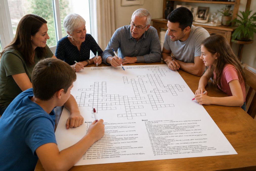 A multigenerational family seated around a large wooden table working together on a giant crossword puzzle, some holding markers, others reading clues aloud, with natural afternoon light streaming through windows