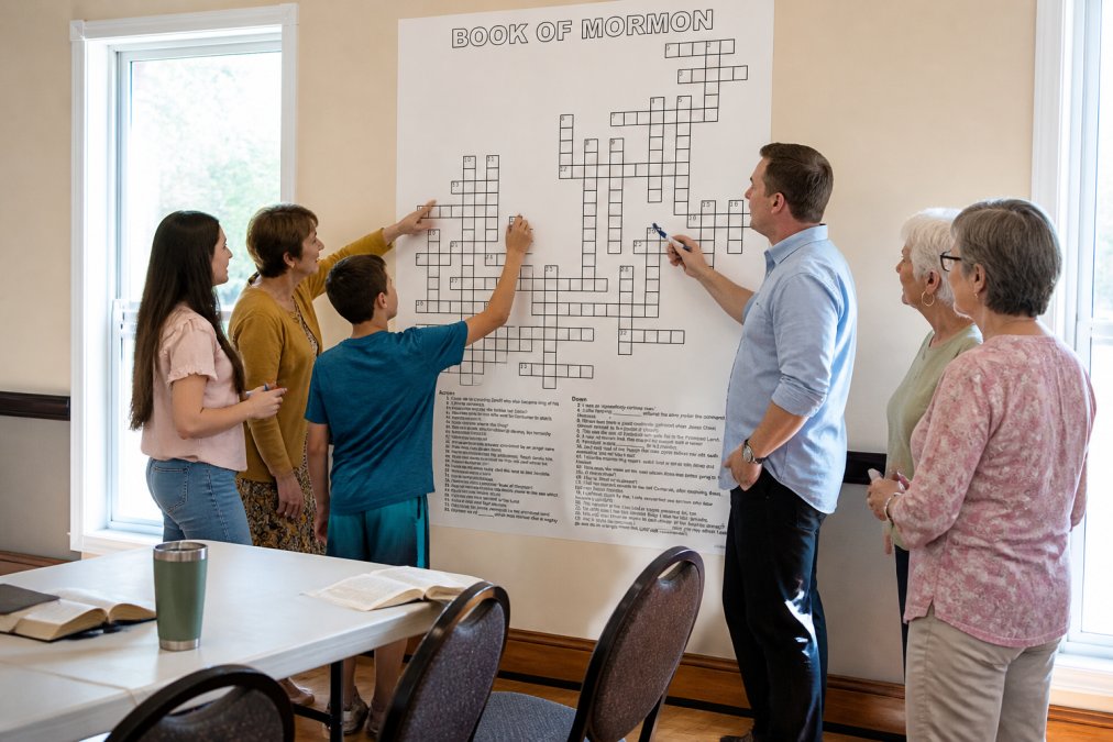 An activity director or teacher leading a group of mixed-age participants around a wall-mounted giant crossword puzzle, some pointing at clues while others hold markers, in a bright community center with natural light