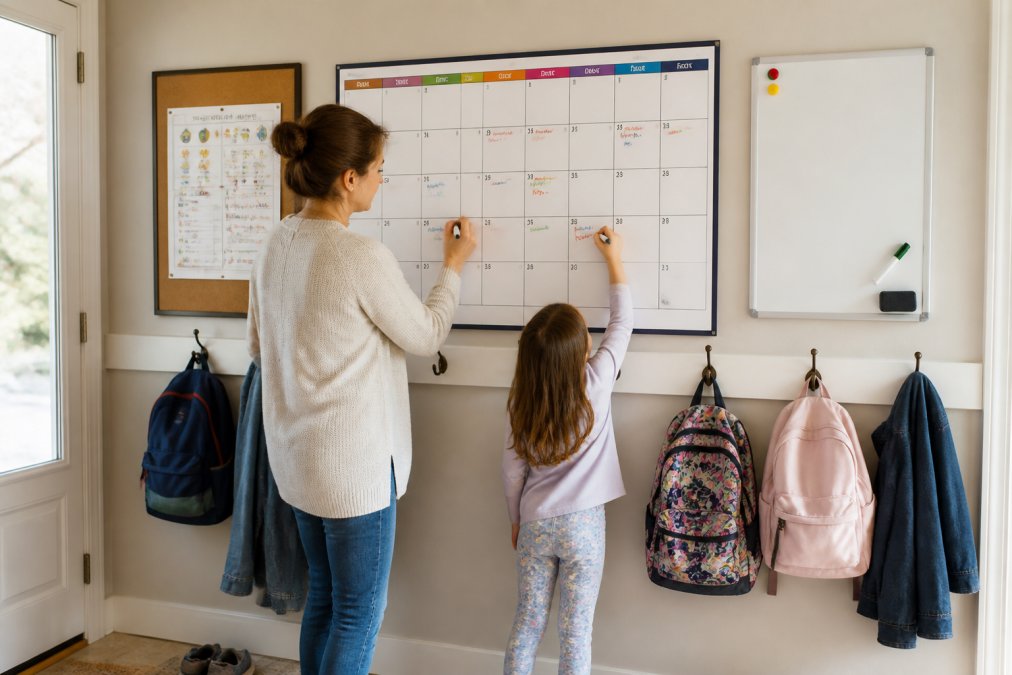 A bright mudroom wall with a large colorful wall calendar at center, flanked by a chore chart, small whiteboard, and row of hooks holding backpacks, a parent and young child writing on the calendar together in warm morning light