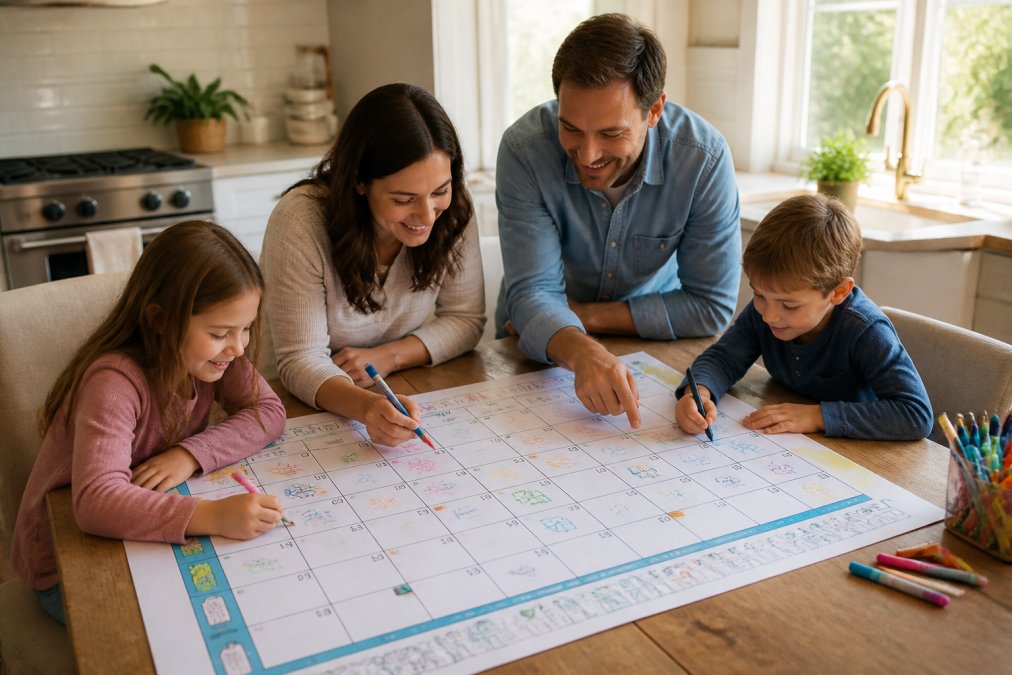 A family of four gathered around a large colorful calendar sheet spread on a kitchen table, two young children using crayons and markers to color and write on dates, warm natural light streaming from a nearby window, parents smiling and pointing at upcoming events