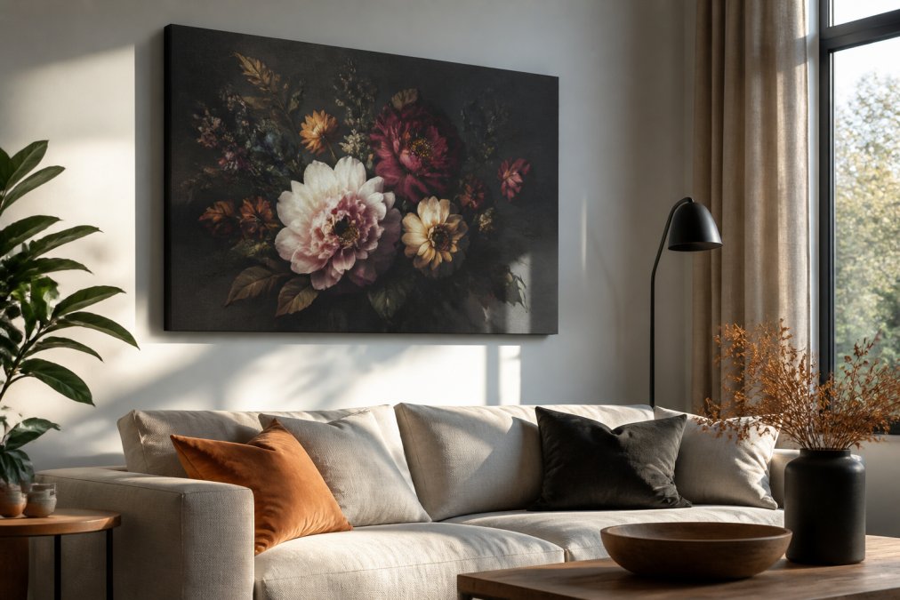 Gallery-wrapped giclee prints of dark flowers hanging above a modern living room sofa in natural light