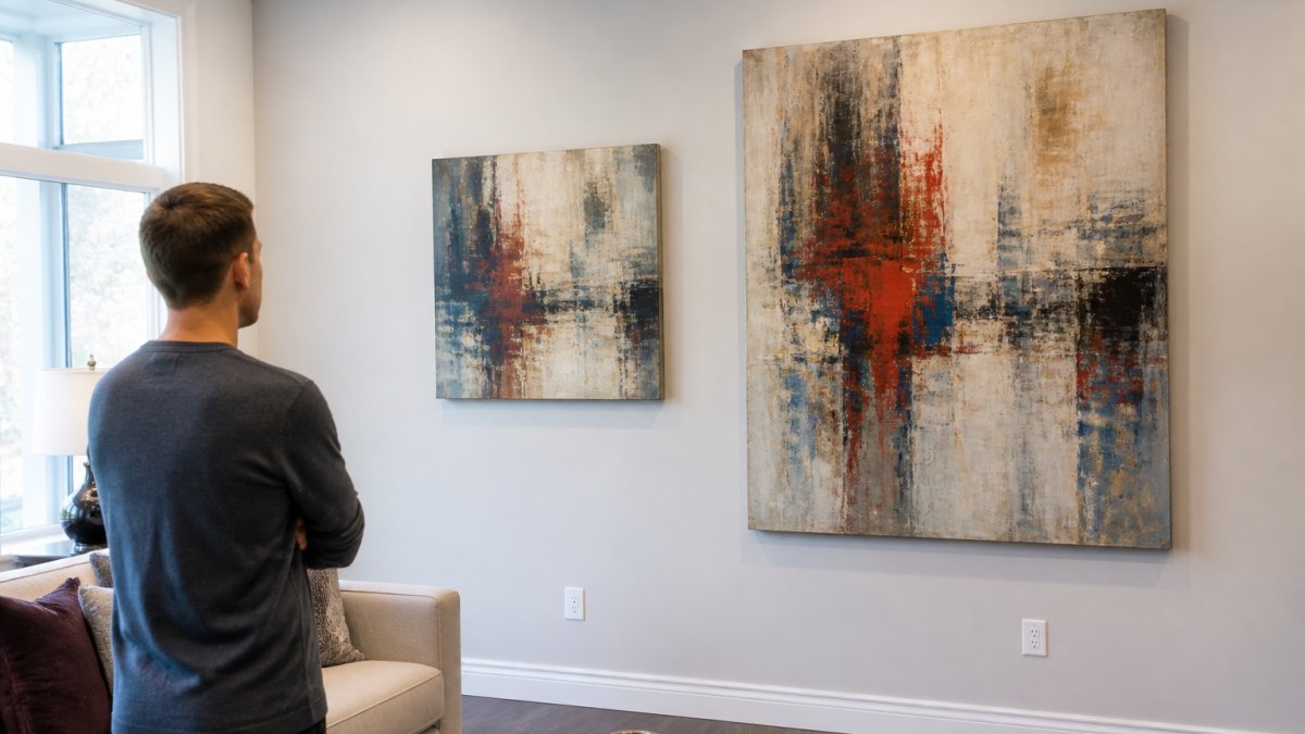 A bright living room wall showing a gallery-wrapped canvas print beside a larger original abstract painting, with a person stepping back to compare the two pieces from a short distance