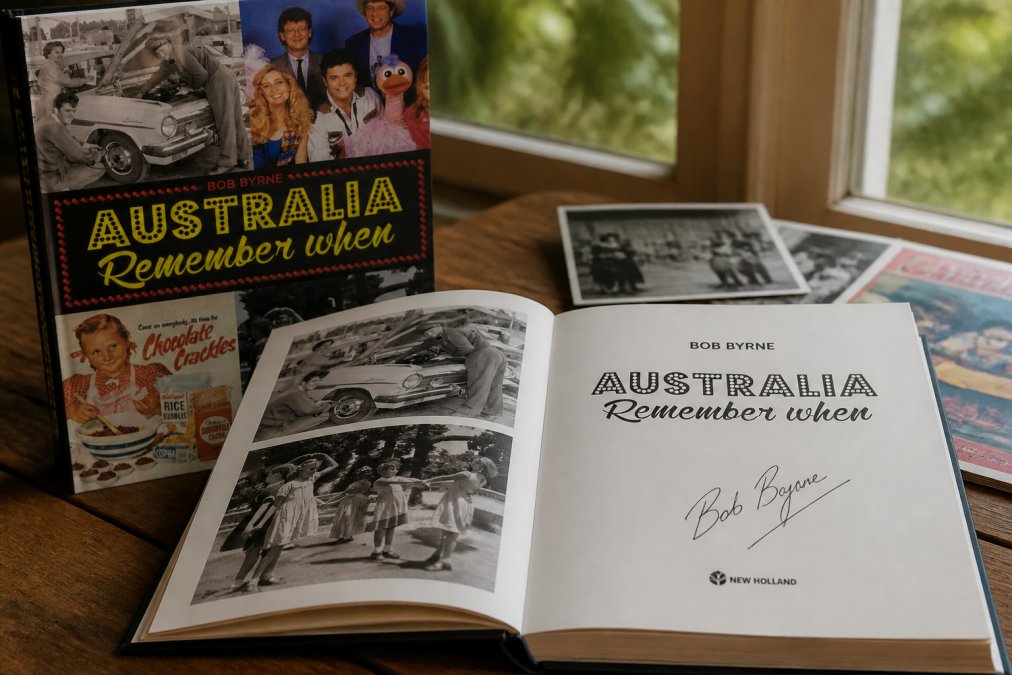Close-up of an open signed nostalgia book displaying an author's handwritten signature on the title page, with vintage photographs and memorabilia from the 1950s-1980s visible in the background, natural window lighting