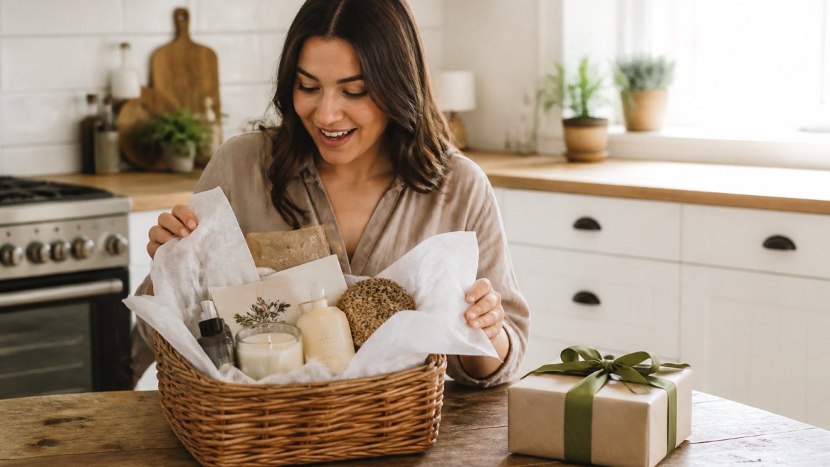 A woman opening a curated gift basket on a kitchen table, warm daylight, tissue paper and a candle visible, another small wrapped box beside it