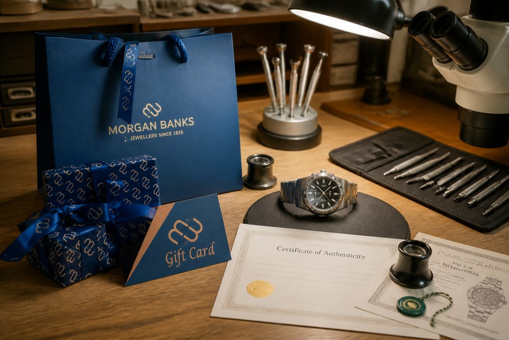 Jeweller's workbench with professional magnifying tools, authentication certificates, jeweller's loupe, and a luxury watch positioned under bright professional lighting for detailed inspection
