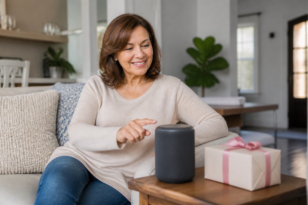 A middle-aged mother smiling while using a smart home device in a bright, modern living room, with a wrapped gift box resting on a side table beside her