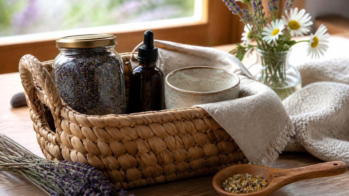 Woven basket containing dried lavender, herbal tincture, and a ceramic teacup on a table in soft natural light