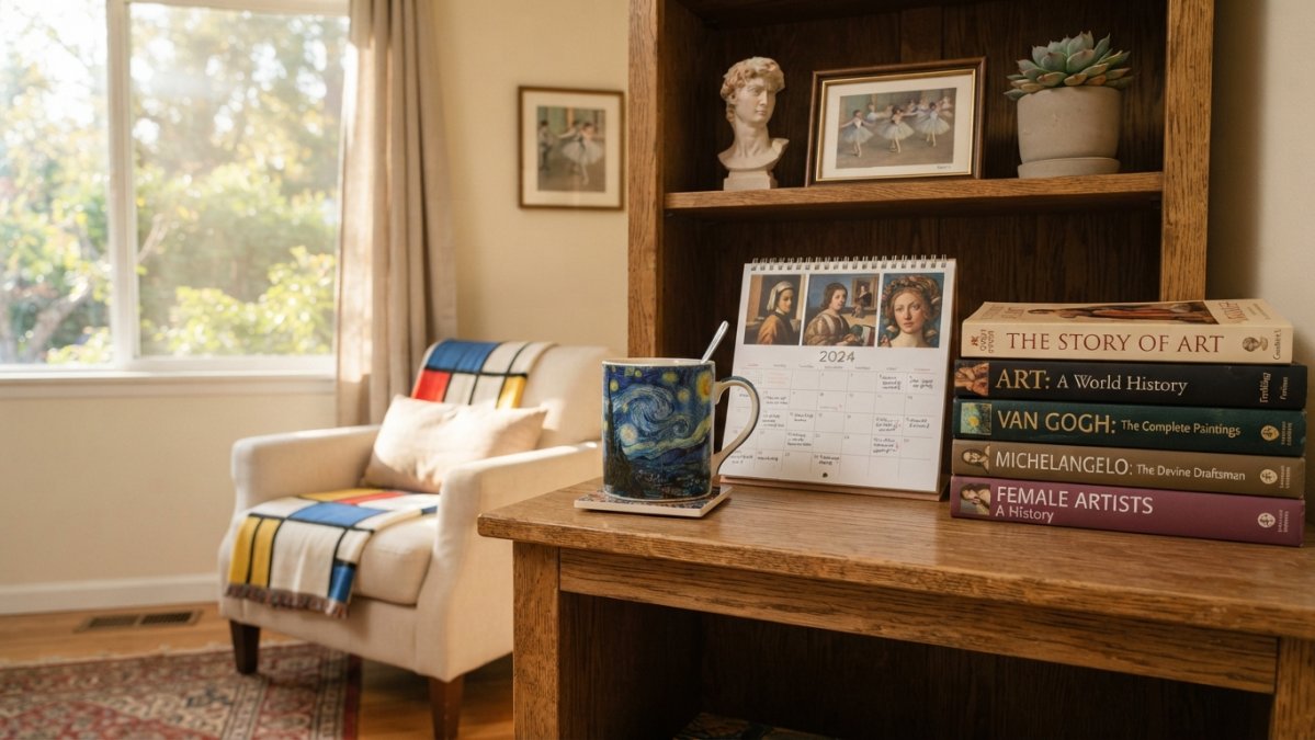 Art calendar, art history mug, and books on a shelf as gift ideas for art history lovers in a sunlit room.
