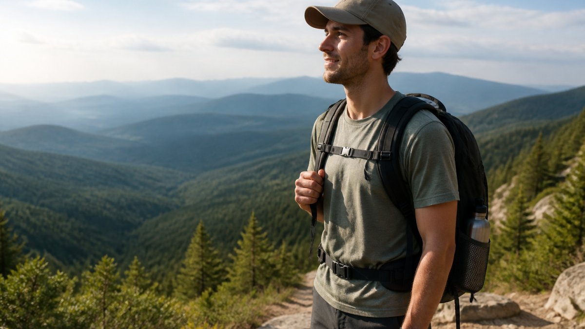 A casual hiker wearing a graphic tee and dad cap standing on a scenic trail overlook, smiling and looking at the view, with a daypack and water bottle visible