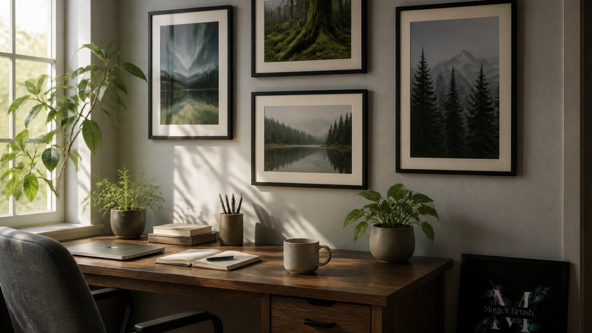 Serene home office with framed fine-art nature photography on soft gray walls, warm natural light streaming through window, minimalist desk setup with plant, creating calm grounded atmosphere