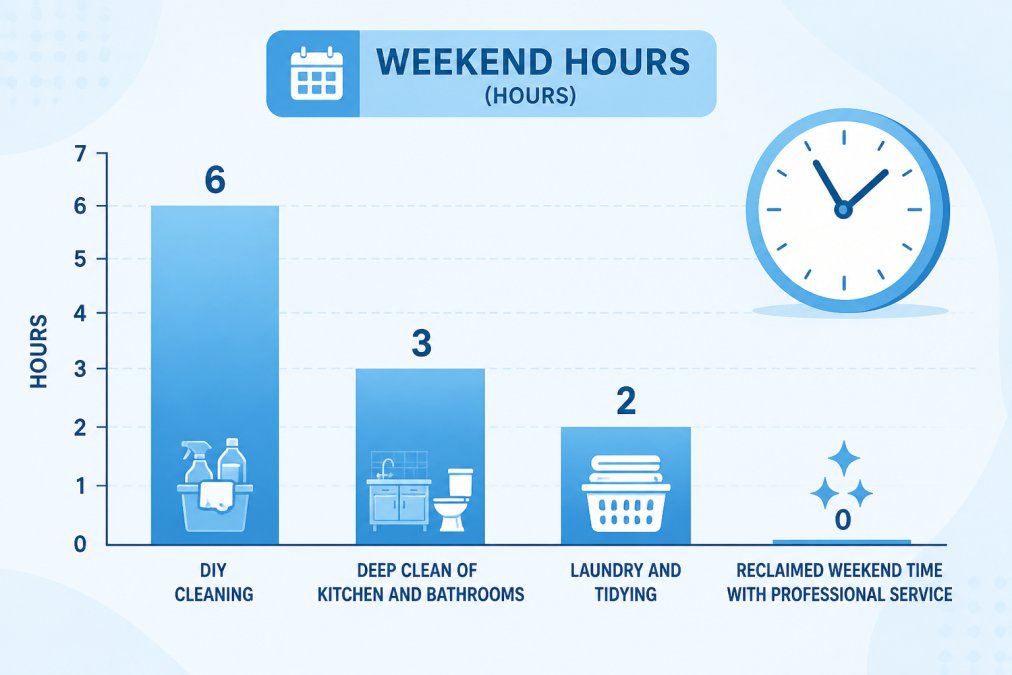 Bar chart comparing weekend hours: DIY cleaning 6 hours, deep clean of kitchen and bathrooms 3 hours, laundry and tidying 2 hours, reclaimed weekend time with professional service 0 hours