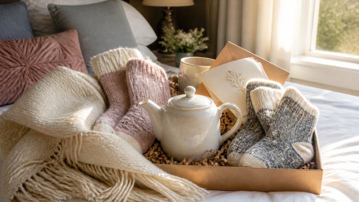Cozy gift box with a teapot, soft socks, and a get-well card on a bed