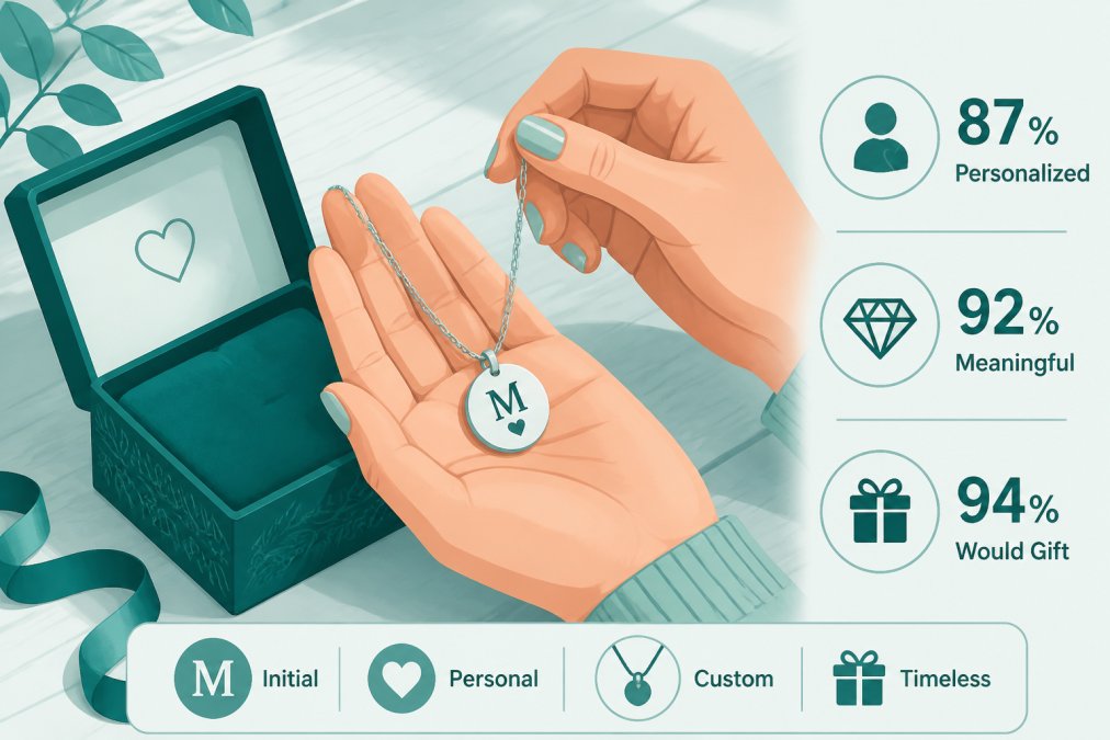 Close-up of a woman's hands holding a delicate personalized necklace with an engraved pendant, gift box open beside it on a wooden table with soft natural light
