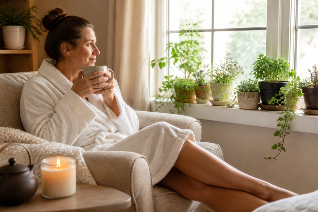 A woman relaxing in a bright, cozy living room surrounded by wellness items: a plush robe, a scented candle, a cup of tea, and a small indoor herb garden on the windowsill