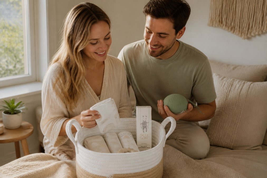 A new parent's nursery corner with a soft cotton storage basket filled with folded bibs, wash cloths, and baby essentials, warm natural lighting from a nearby window, calm and organised setting