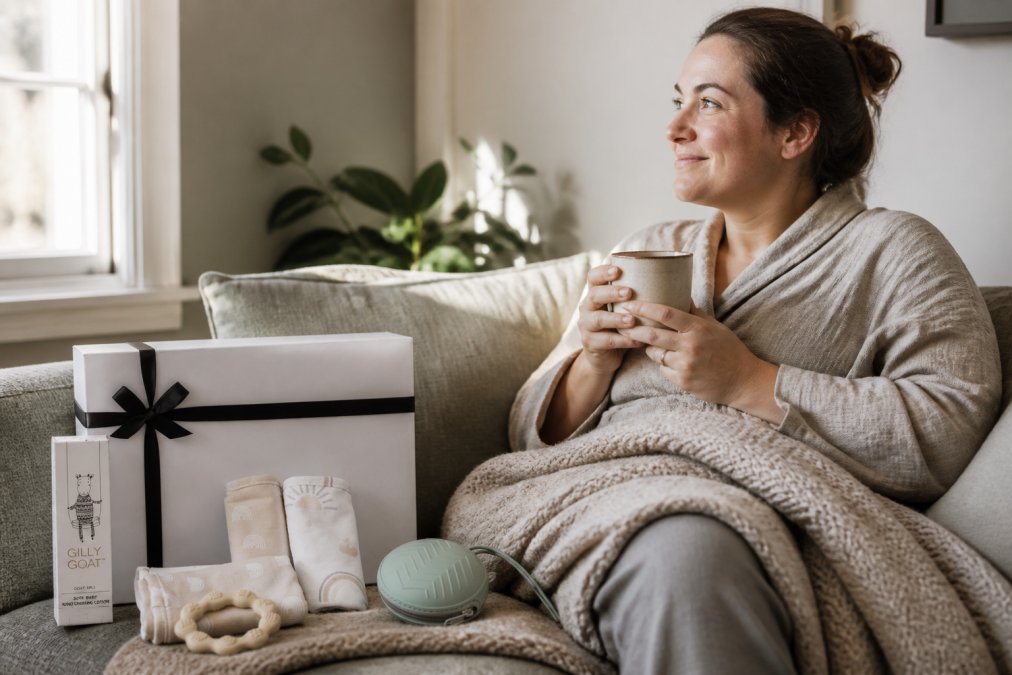 A new mother relaxing on a comfortable sofa with soft blankets, holding a warm drink, afternoon natural light streaming through windows, peaceful and calm home setting