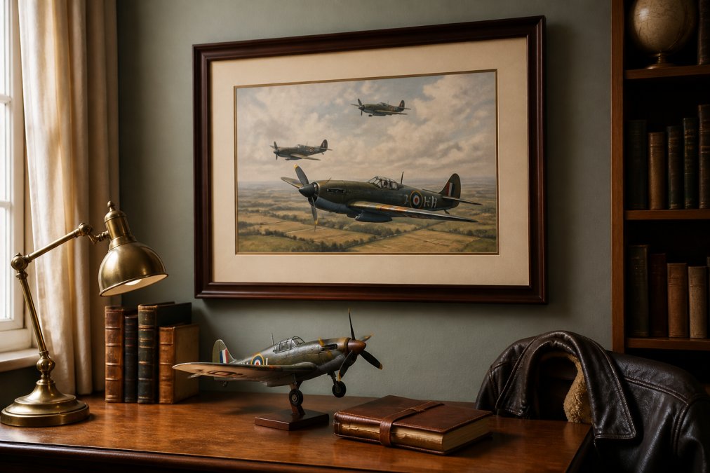 Vintage aviation art print hanging above a wooden desk with a model aircraft and logbook, perfect as gifts for pilots.