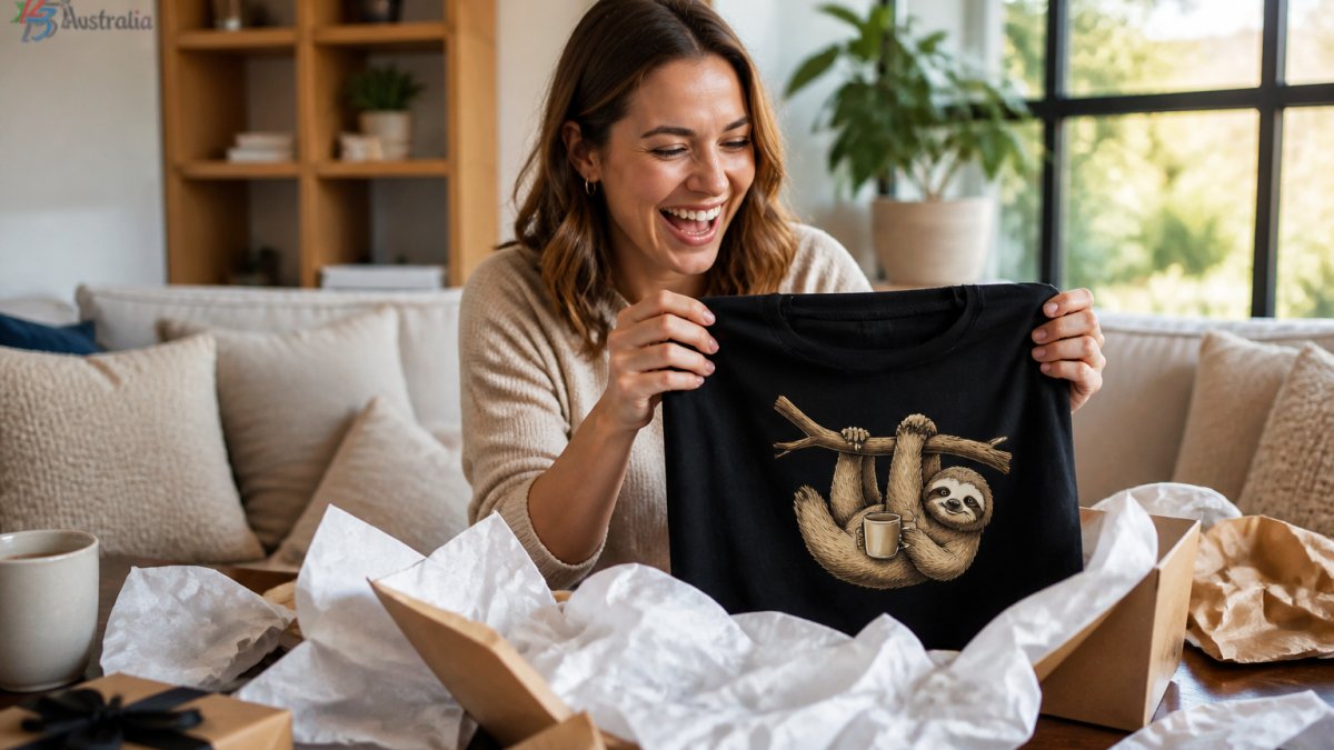 A woman in her late 20s laughing as she opens a funny novelty t-shirt, wrapping paper on the table, bright living room setting, natural light