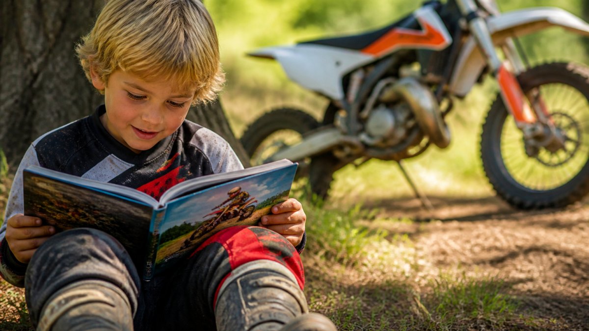 Young child reading a colorful motocross storybook outdoors with a dirt bike in the background