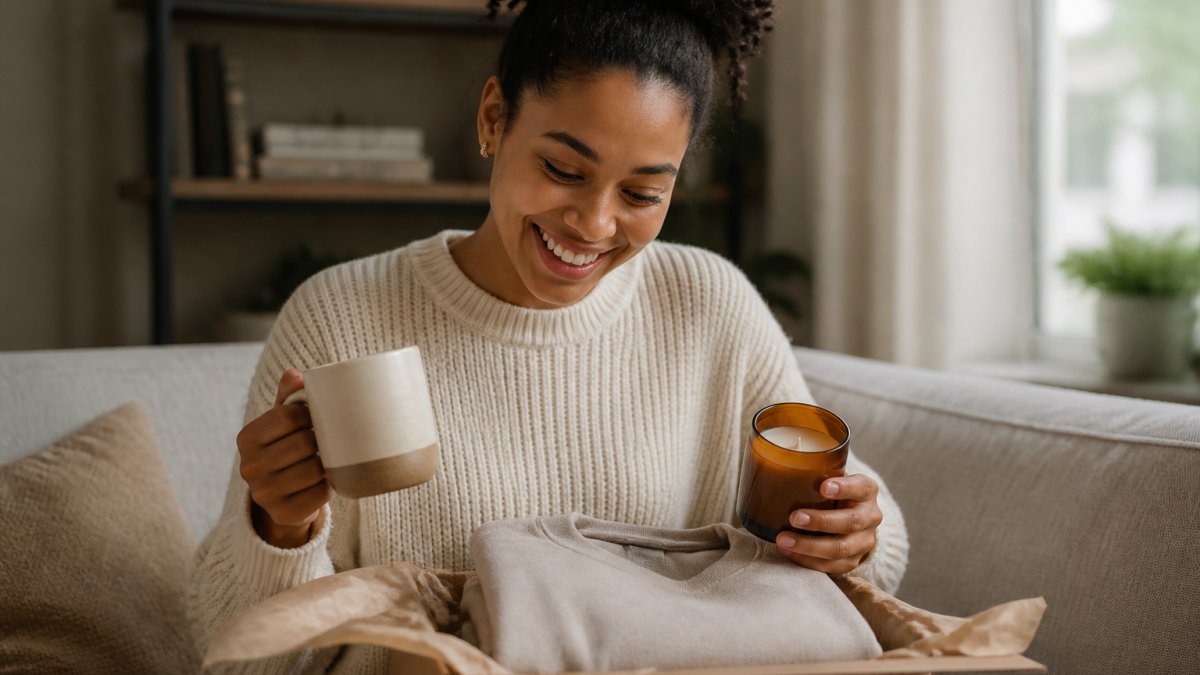 Person unwrapping a curated Christian gift set with a cozy sweatshirt, ceramic mug, and scented candle with joy