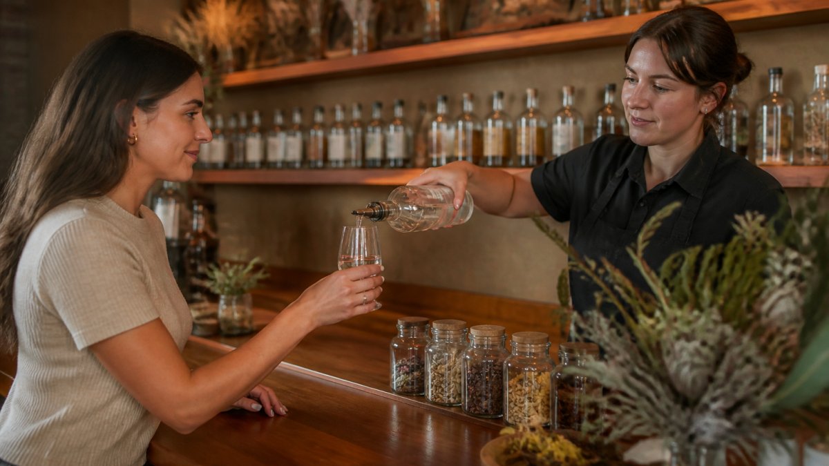 Person holding a tasting glass at chest height with proper posture while a distillery server pours gin at a wooden tasting bar, warm amber lighting and native botanical displays visible in background