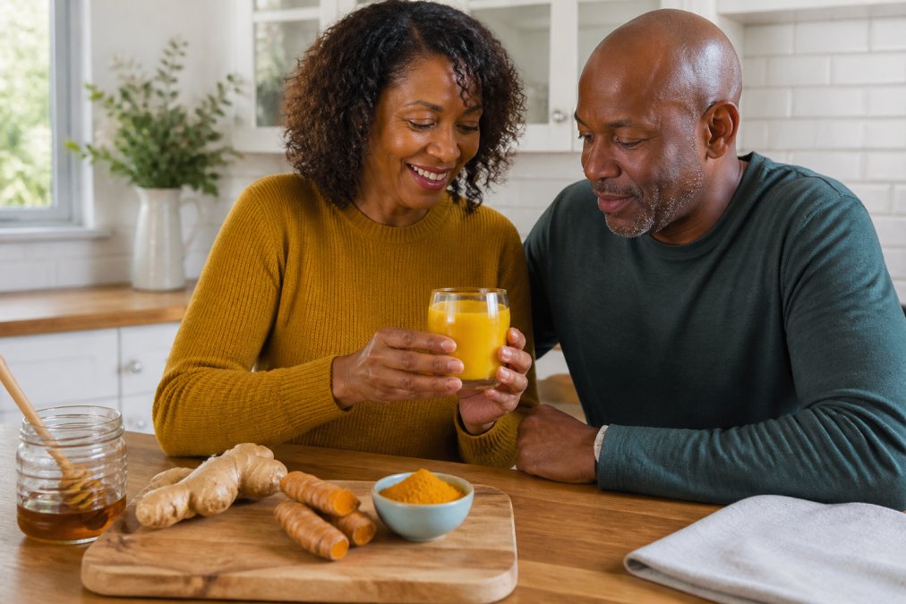 Golden turmeric and ginger wellness tonic in a glass with fresh roots on a wooden kitchen counter