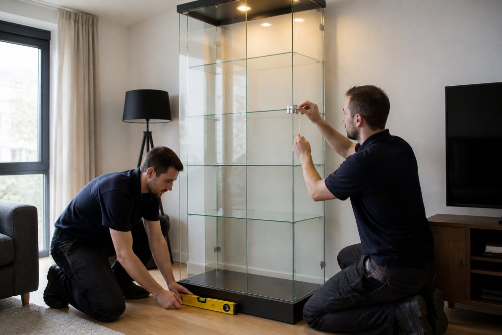 Two professional installers in a bright living room carefully positioning a tall glass display cabinet with internal lights on, one holding a spirit level against the base plinth while the other adjusts a hinge on the glass door