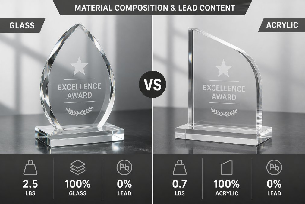 Close-up of a glass award and acrylic award positioned side by side on a dark reflective surface, showing the transparent clarity and distinct weight difference between the two materials, with natural light highlighting the refractive qualities of each