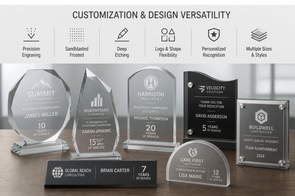 Professional display of multiple custom-engraved awards and plaques arranged on a wooden table, featuring corporate logos, employee names, and service milestone text in various engraving styles including sandblasted frosted effects and precision-engraved lettering, with natural office lighting