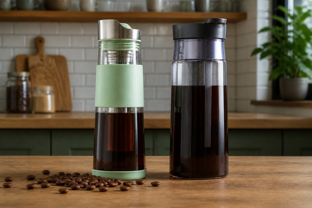Professional illustration showing Close for glass vs plastic cold brew