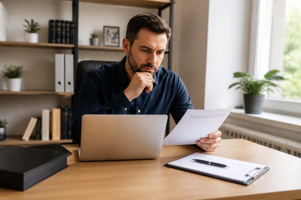 A business owner at a tidy desk reviewing incorporation documents on a laptop, with a printed checklist and pen beside the keyboard in a bright home office