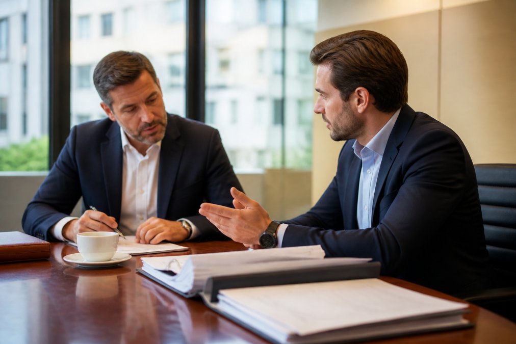 Zwei Geschäftspersonen besprechen Geschäftsdokumente an Konferenztisch mit Kaffee, Ordnern und Laptop bei professioneller Beleuchtung