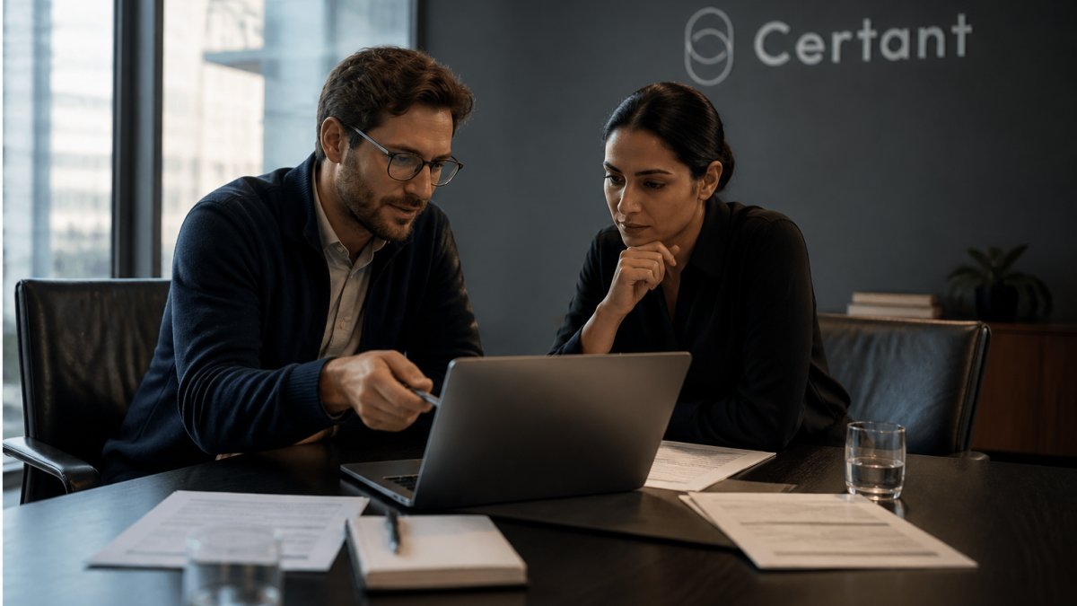 Two knowledge management professionals comparing platform options on a laptop screen in a modern office meeting room, printed documents and a notebook on the table, soft daylight from a side window
