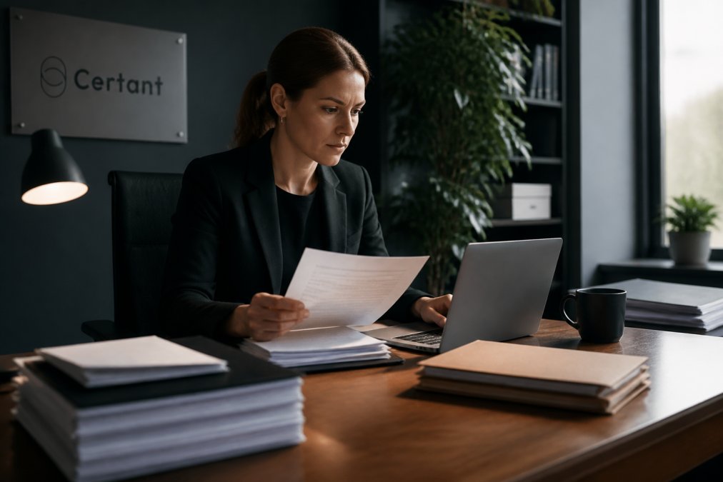 A compliance officer in a quiet office reviewing contract documents on a laptop, with a second screen showing structured data, natural window light