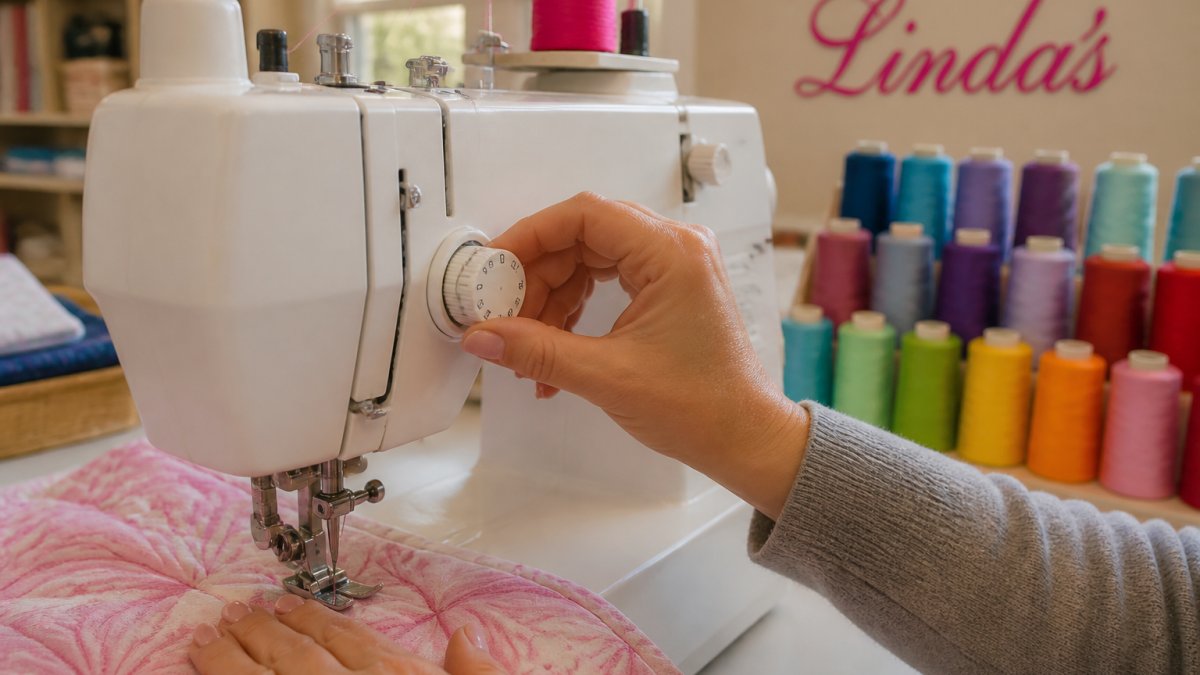 Close-up of hands adjusting the tension dial on a quilting machine, with colorful Glide thread spools visible in the background and fabric under the presser foot