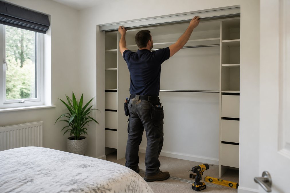 A joiner installing an aluminium track for a sliding wardrobe comparison in a bright bedroom