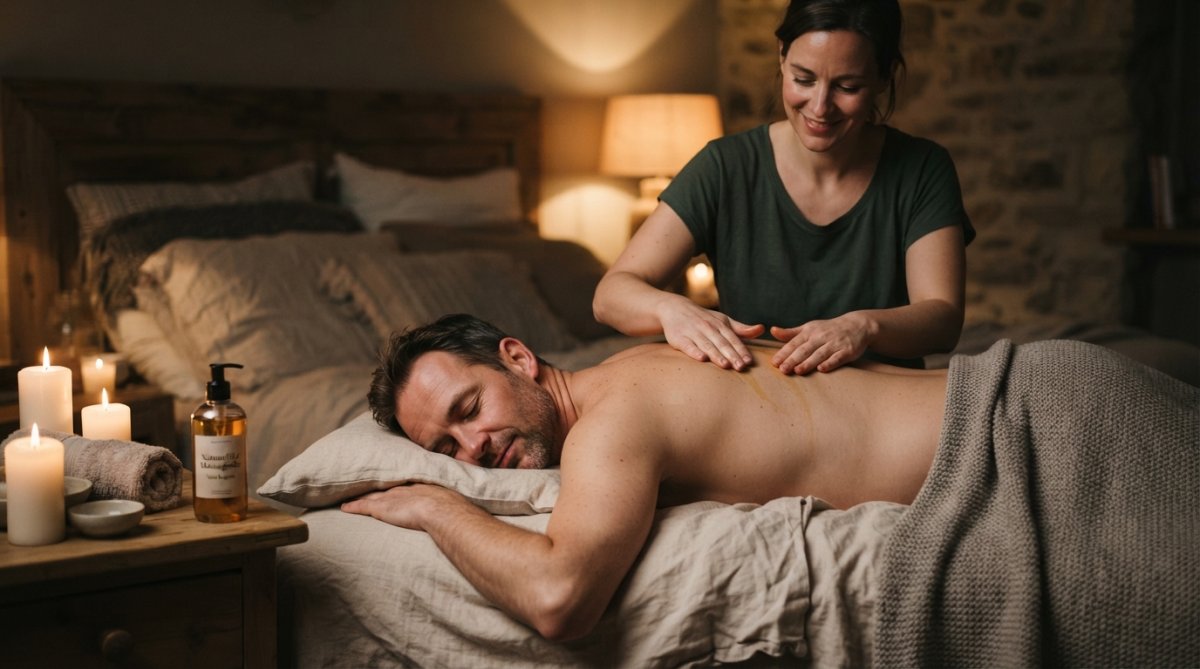 Een koppel in een intieme massagesetting met zachte verlichting, waarbij één partner massageolie op de ander aanbrengt, ontspanning en vertrouwen uitstralend