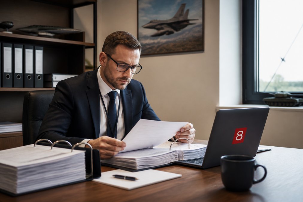 Compliance officer reviewing export control documents to assist with defense market navigation in a secure office.