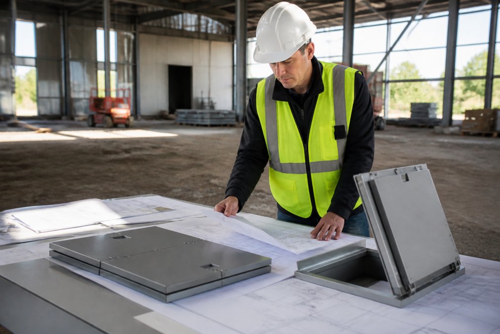 Procurement officer reviewing floor door specifications and product samples at a commercial construction site, examining Bilco hatch models and installation diagrams on blueprints under natural warehouse lighting