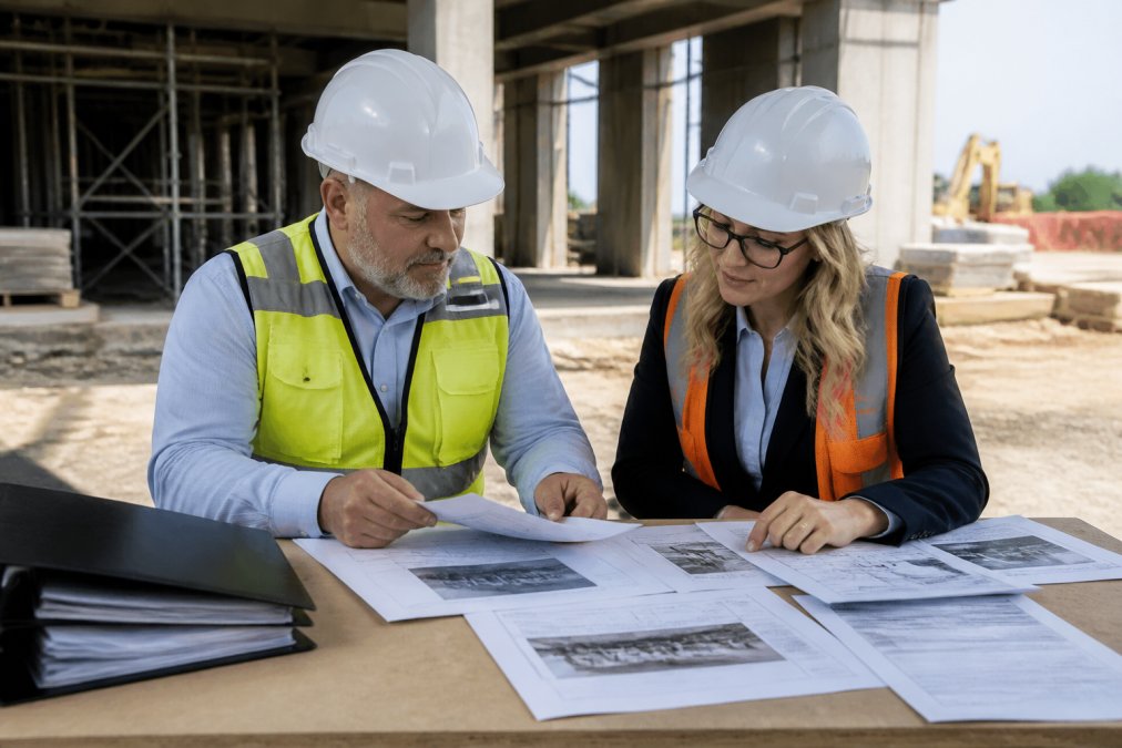 Facility manager and procurement officer reviewing floor hatch specifications and comparing product options at a construction site, with Bilco floor doors and installation documentation visible on a desk in natural daylight