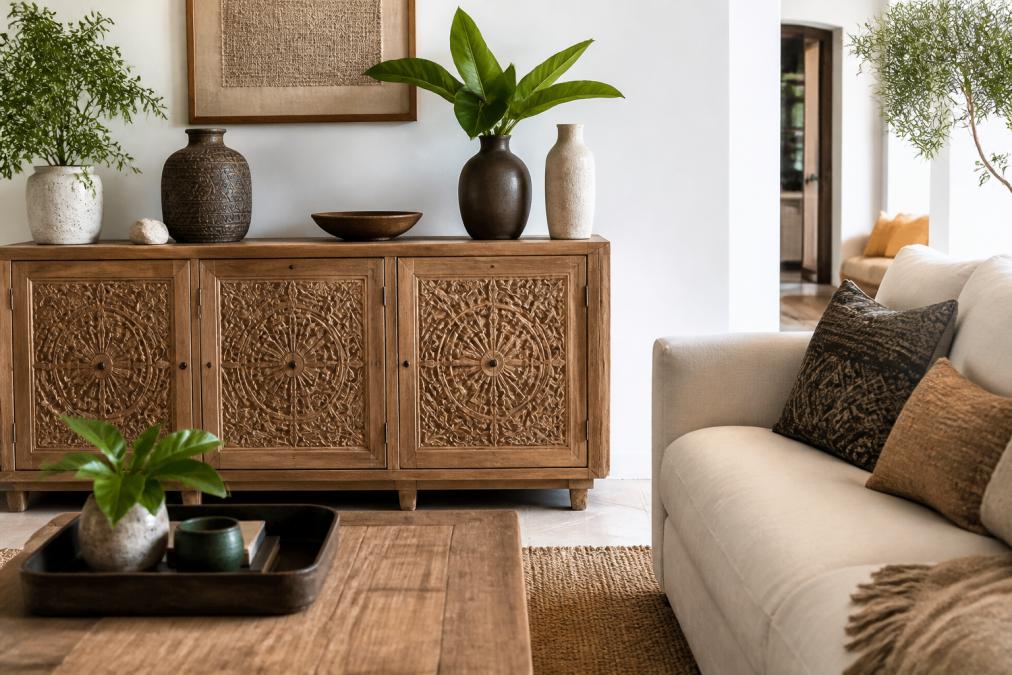 A bright, modern living room with a hand-carved solid wood sideboard as the focal point, styled with ceramic vases and a neutral linen sofa