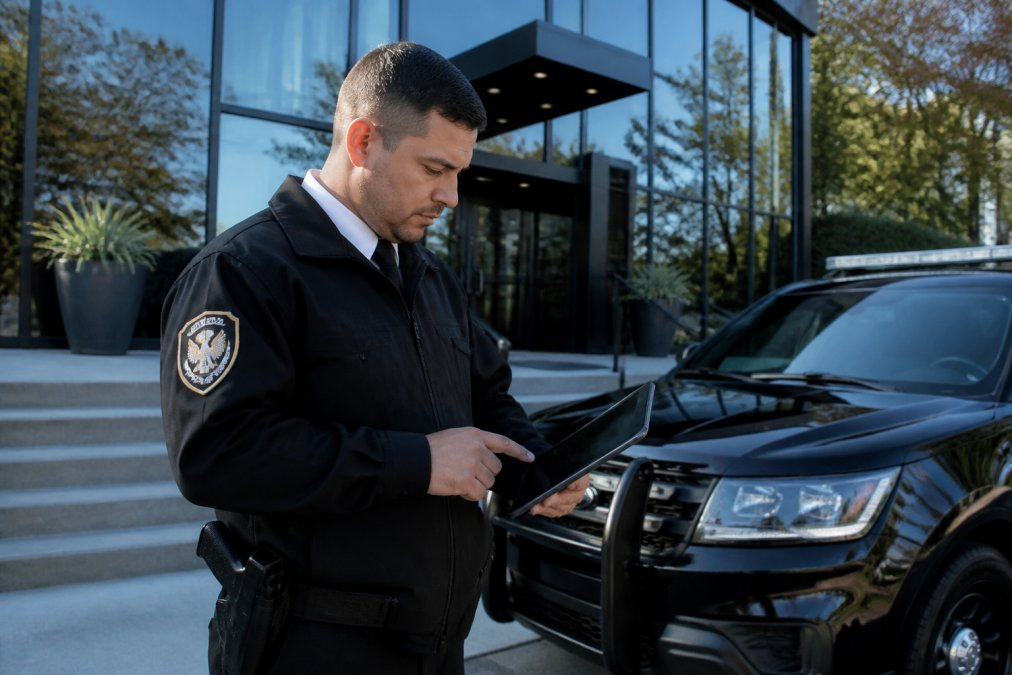 A security supervisor in a professional uniform reviewing a tablet with a site map, standing in front of a commercial building entrance with a security vehicle parked nearby