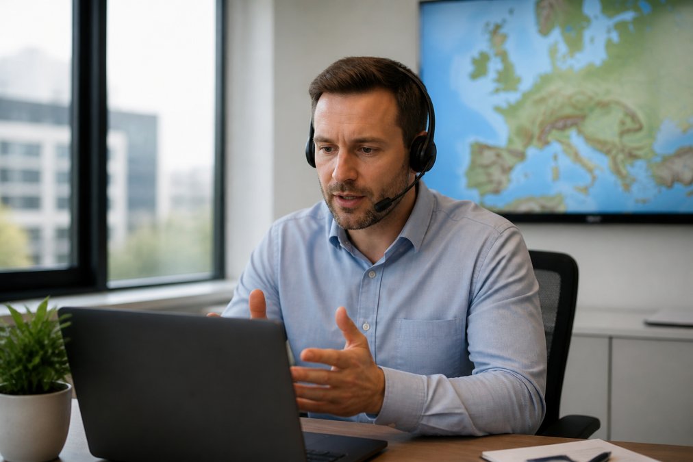 A sales professional on a video call in a modern office, wearing a headset, with a map of Europe visible on a second screen behind them