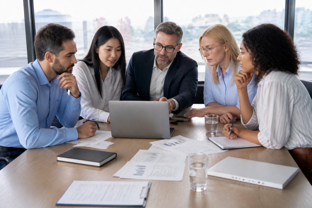 Supply chain team of logistics professionals gathered around conference table reviewing shipping data and freight rates on laptop screen, collaborating on cost analysis with documents and charts visible, bright office lighting