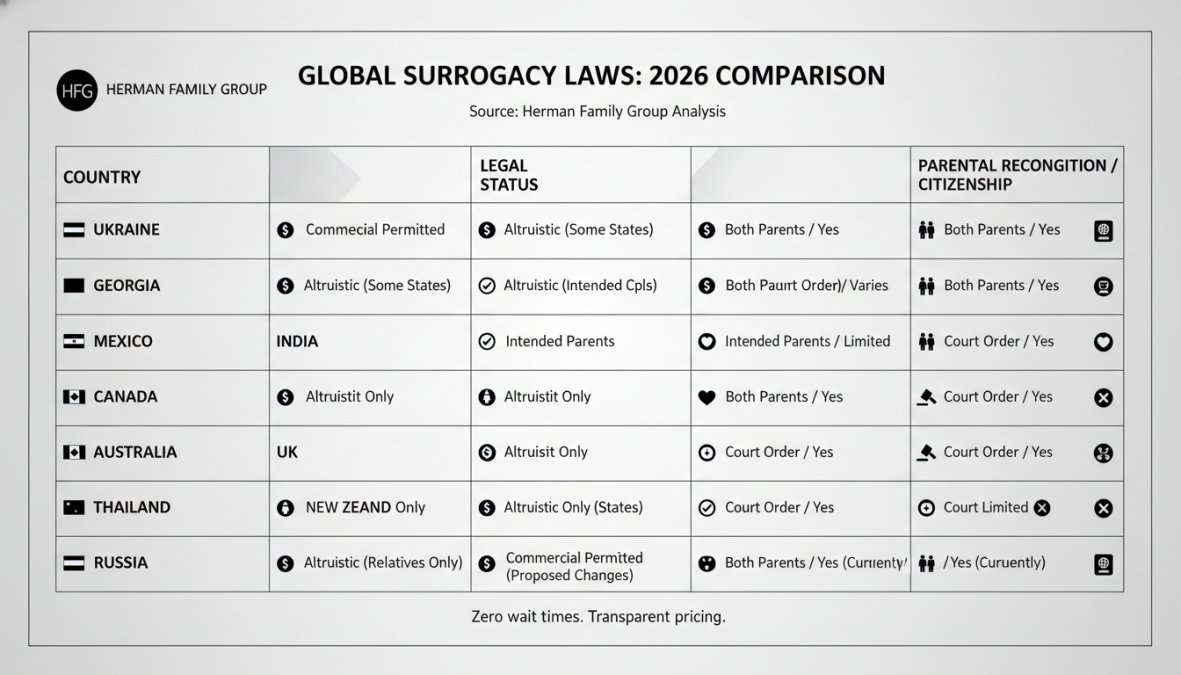 Comparison matrix showing legal status of surrogacy across 10 major destination countries (Ukraine, Georgia, Mexico, India, Canada, UK, Australia, New Zealand, Thailand, Russia): commercial/altruistic status, parental rights recognition, citizenship pathway