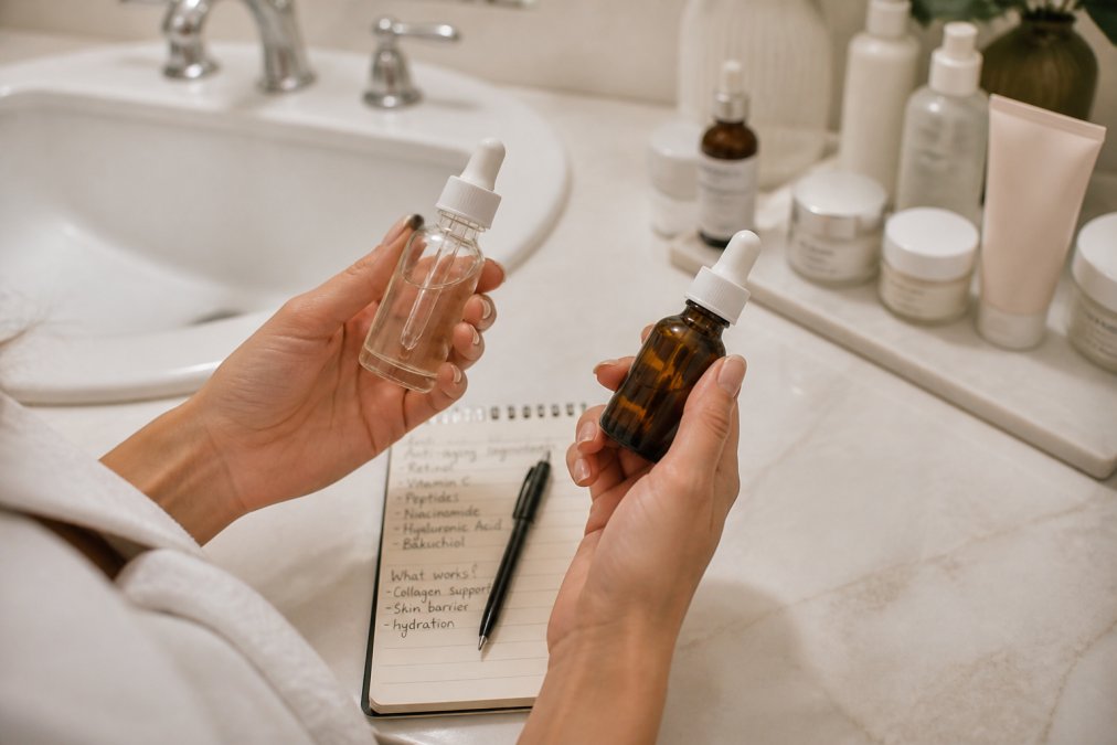 Close-up of a woman's hands holding two different serum bottles next to a notepad with ingredient notes, soft natural light, modern bathroom counter