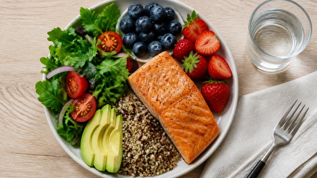 Overhead flat lay of a colorful, balanced meal plate with fresh berries, leafy greens, grilled salmon, and a glass of water on a light wooden table