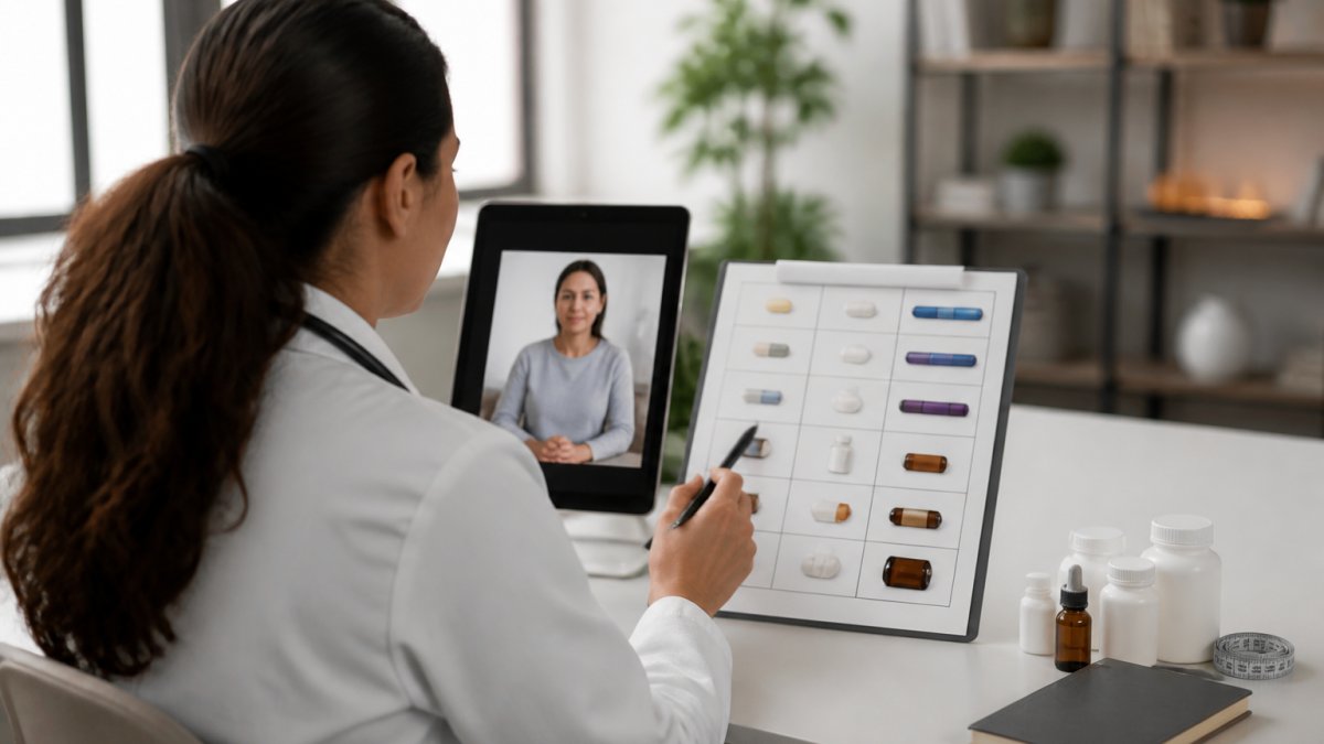 A physician in a bright, modern telehealth office reviewing a medication chart on a tablet with a patient visible on the screen